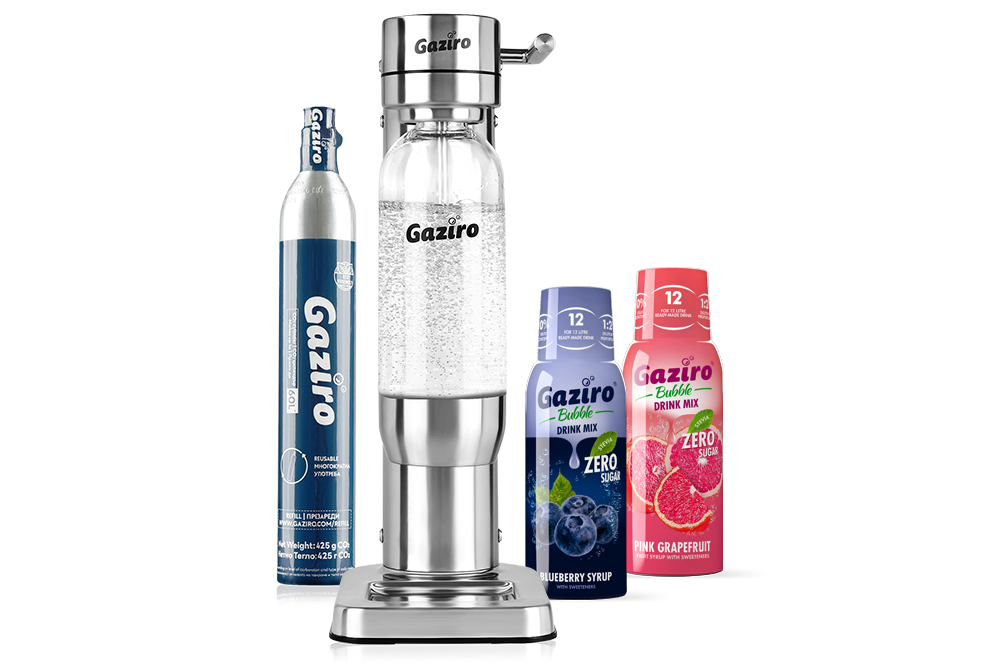 supreme-with-syrups Συσκευή παρασκευής ανθρακούχου νερού Gaziro Supreme + 2 συσκευασίες σιρόπι κατ’ επιλογή - Image 1